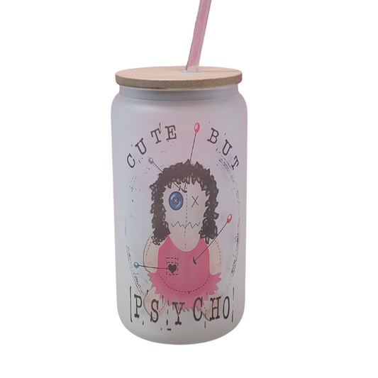 Cute-but-psycho 160z Glass tumbler with printed image of voodoo doll girl- glass travel cup